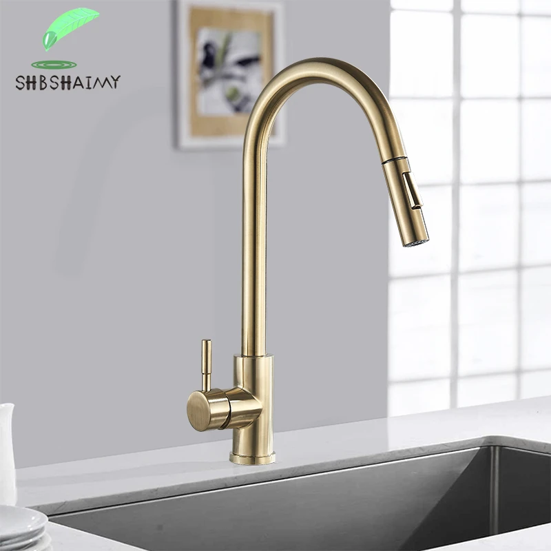 SHBSHAIMY Nickle Gold Kitchen Faucets Stainless Steel Pull Down  Stream Sprayer Deck Mount  Water Sink Taps Black Brushed smart faucets