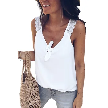 

Solid Color Sleeveless Vest Women's New Lace Stitching V-neck Strap Design Loose Hoodie with Sleeves