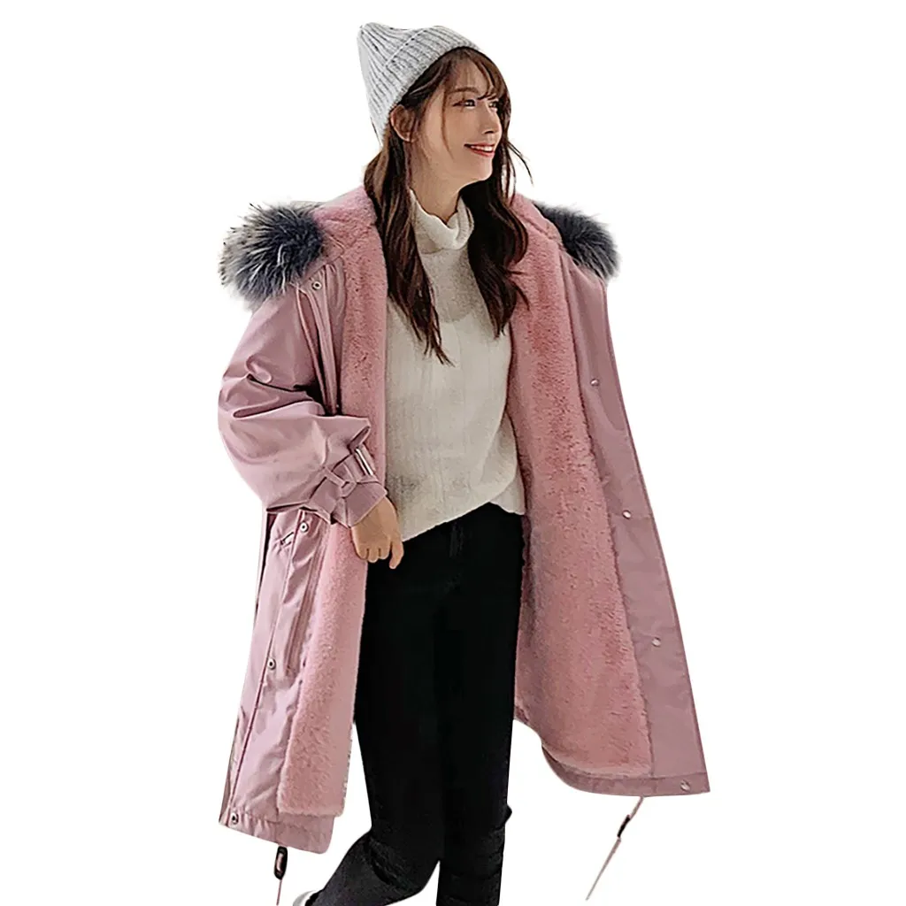 Модная верхняя одежда, куртки с капюшоном и длинными рукавами, с хлопковой подкладкой, с карманами, Бандажное модное зимнее пальто, Женское пальто, Женское зимнее пальто - Цвет: Розовый