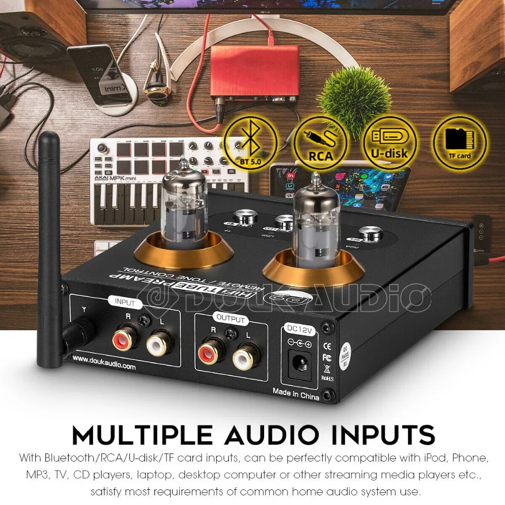 Douk Audio P2 HiFi Vacuum Tube Preamp Bluetooth 5.0 Receiver Stereo Headphone Amplifier USB Music Player