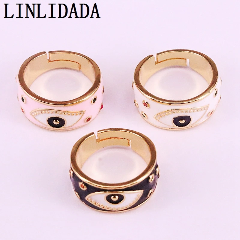 

8Pcs 2019 New Fashion Zircona Ring Adjustable Gold Color Party Jewelry Enamel Eye Finger Rings For Women Girl