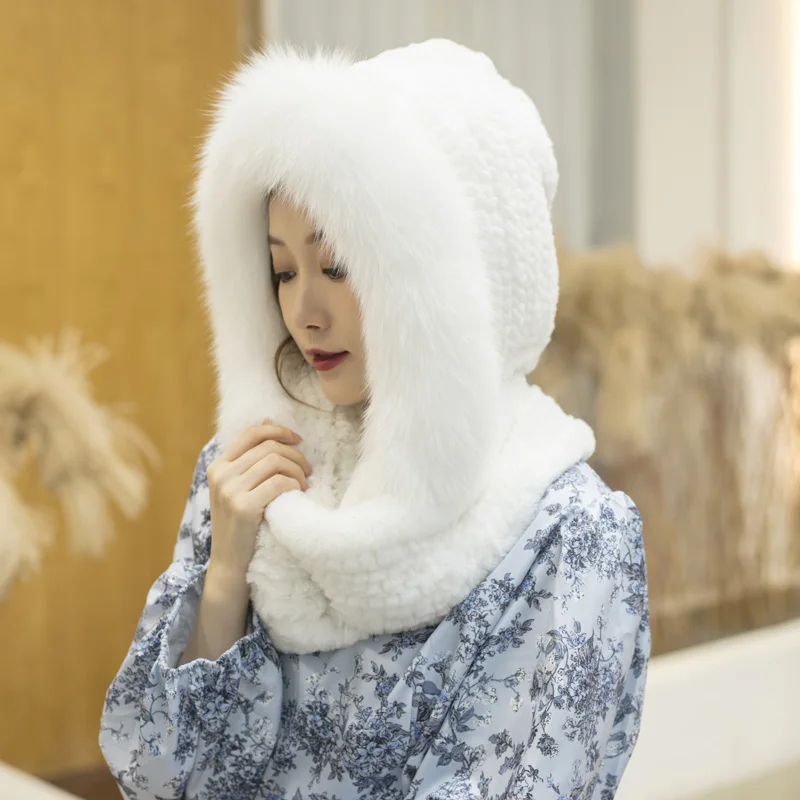 

Besfilin Natural Genuine Rex Rabbit Fur Hat Scarf for Women, Multipurpose Scarf, Fox Brim, Soft, Keep Warm, Autumn, Winter