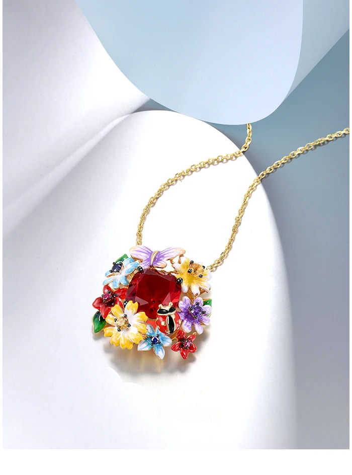 SANTUZZA Pure 925 Sterling Silver Pendant For Women Red Stone Colorful Flowers Butterfly Ladybug Fine Jewelry HANDMADE Enamel