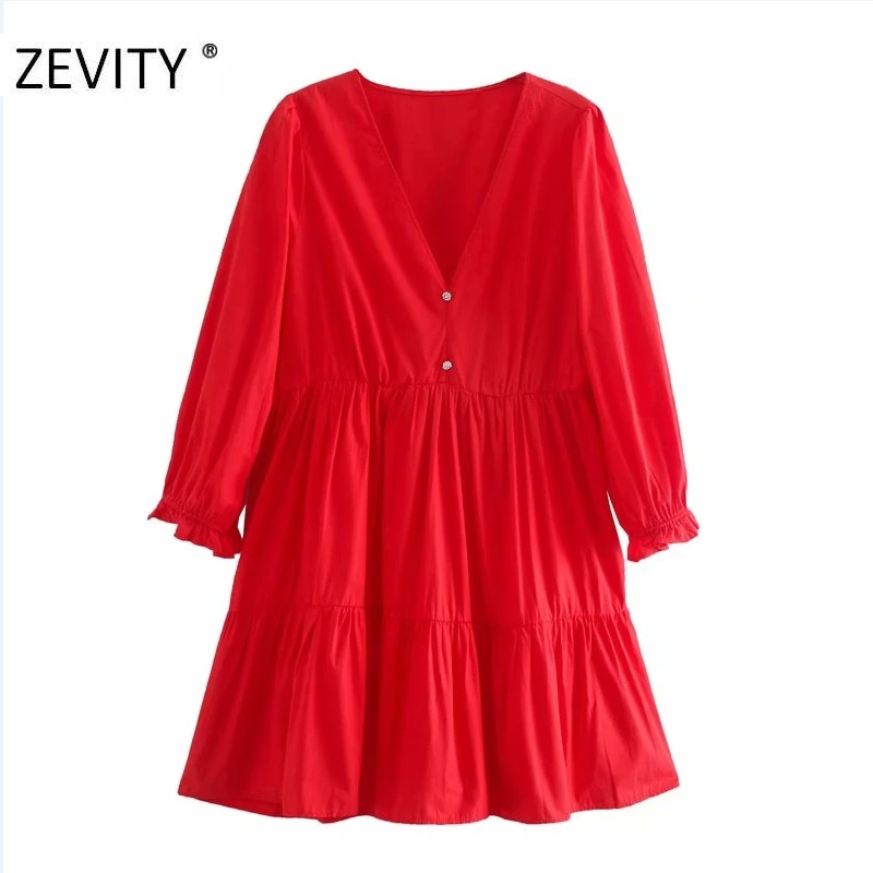 ZEVITY Women elegant V Neck Pleats casual red poplin mini dress female three quarter sleeve vestidos chic autumn Dresses DS4297 ZEVITY Women elegant V Neck Pleats casual red poplin mini dress female three quarter sleeve vestidos chic autumn Dresses DS4297
