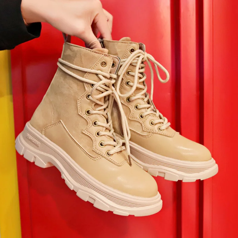 

Autumn And Winter Platform Heel Fabric Leather Stitching Short Boots Children England Lace-up Martin Boots Women's Breathable Cl