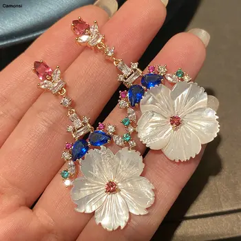 

NEW Silver Color Needle Dangle Earring Sweet Natural White Mother-of-Pearl Shell Flowers CZ Zircon Jewelry Party Women Earrings