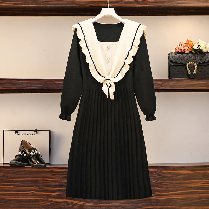 

Women Sweet Cute Pleated Knitted Dress Long Sleeve Navy Collar Ruff Sweater Dresses Winter Chic Streetwear Girl Clothes 2020