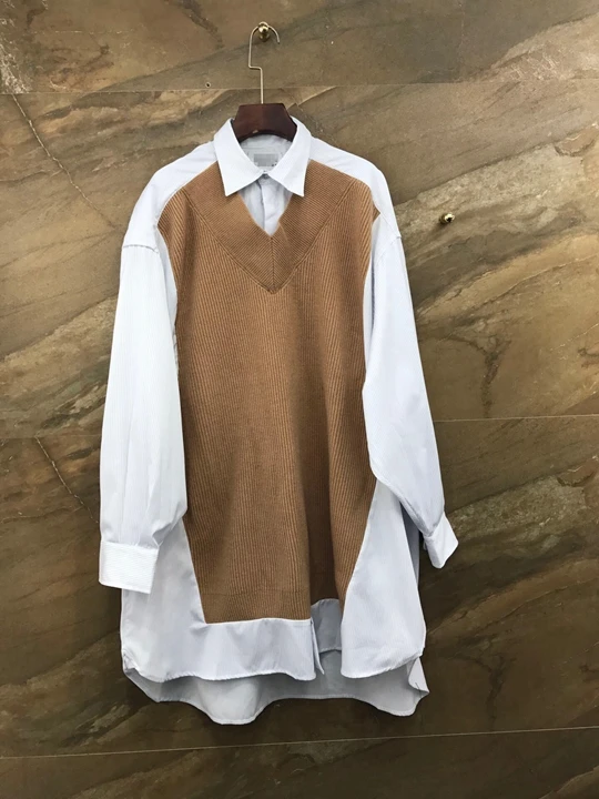Early autumn new women's polo sweater color contrast splicing shirt long sleeve loose dress 1010