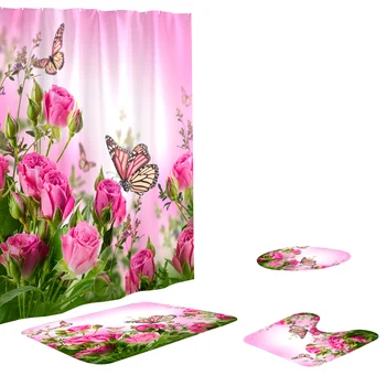 

For Family Hotel Waterproof Polyester Non Slip Soft Bath Mat Gift Rugs Shower Curtain Set Easy Clean Rose Butterfly Floral