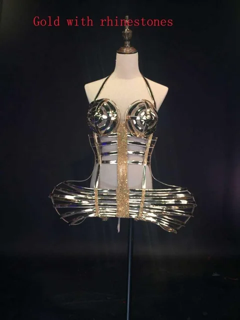 Golden openwork armor Jumpsuit future space warrior bar gogo costume Dj Dancers Sexy Nightclub DS Singer Rave Clothes Stage Wear - Цвет: with rhinestones