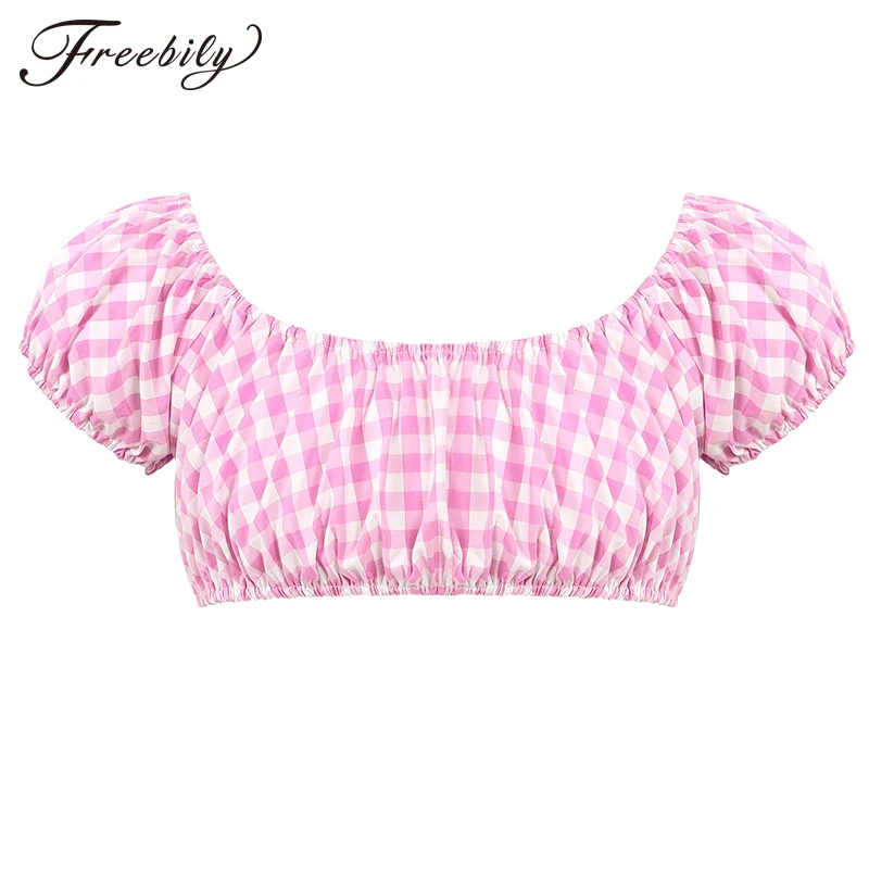 Mens Sissy Cross Dresser Gay Male Costumes Square Necklne Short Sleeves Elastic Gingham Plaid Crop Tops Role Parties Clubwear |