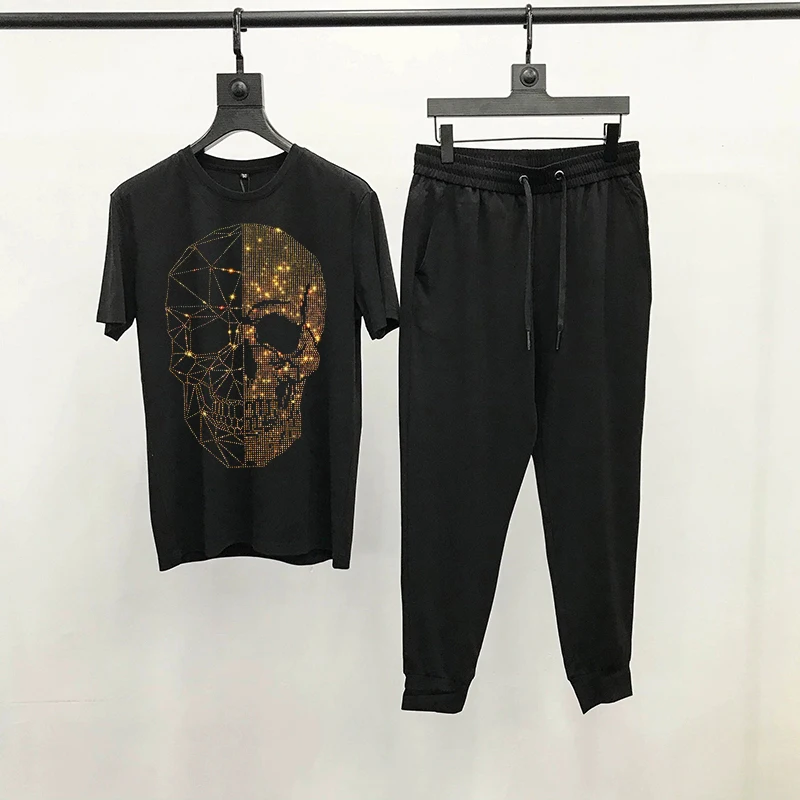 Men's T-Shirt Summer Lightweight Hip Hop Slim Tracksuit Skull Diamond Sets Brand Short Sleeve Jogging