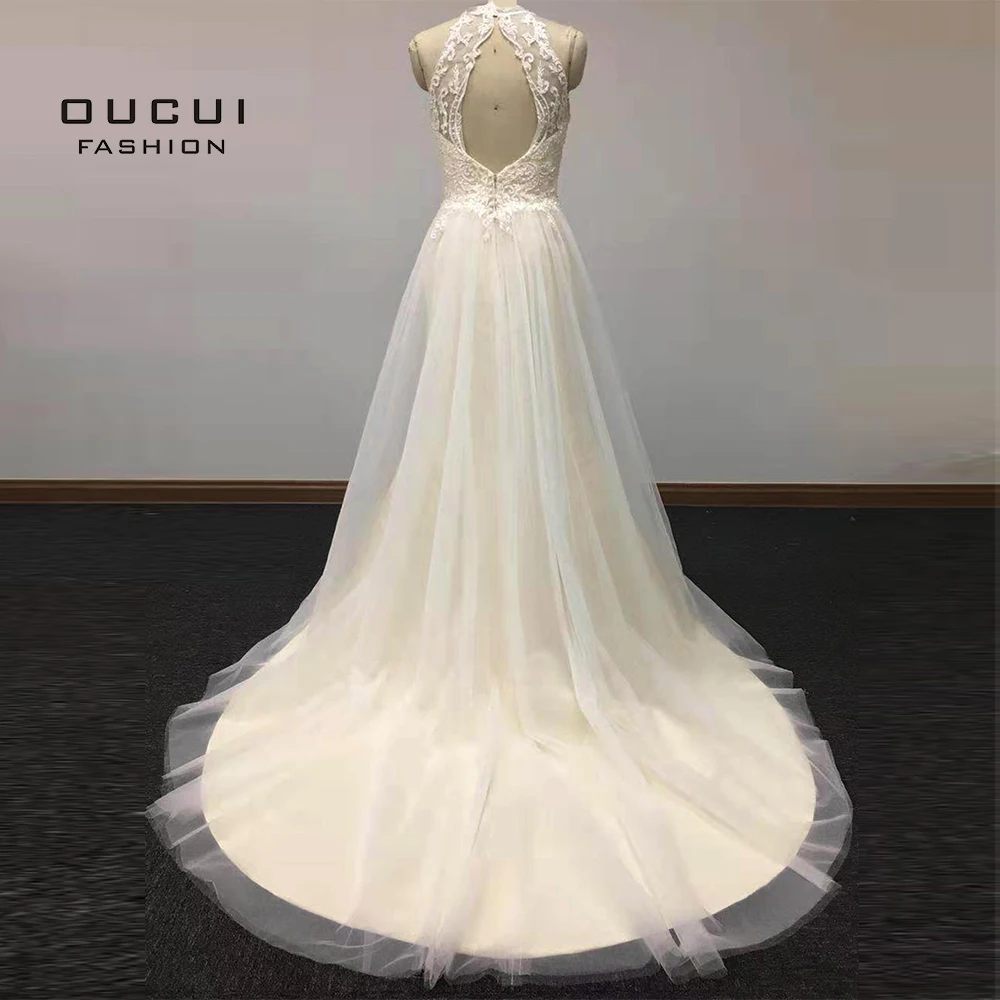 Vestido De Noiva/Длинные свадебные платья из тюля с вышивкой, большие размеры, а-силуэт, кружевные свадебные платья без рукавов с открытой спиной OL103602