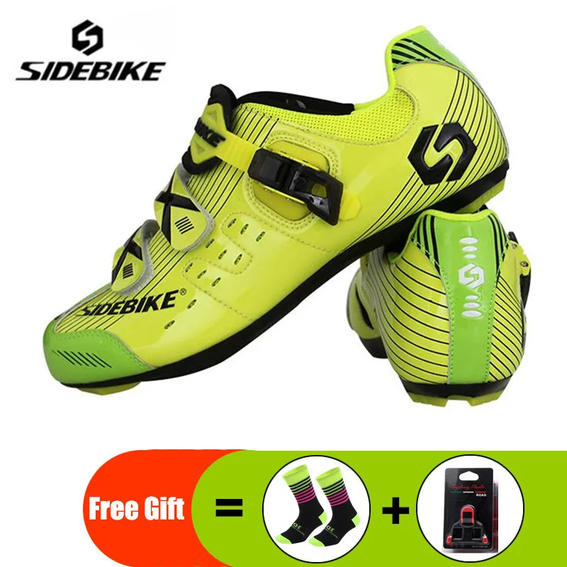 add gift SIDEBIKE/Обувь для шоссейного велоспорта; комплект с педалью; профессиональный Сверхлегкий дышащий Противоскользящий самоблокирующийся спортивный гоночный Sapatos de - Цвет: add gift