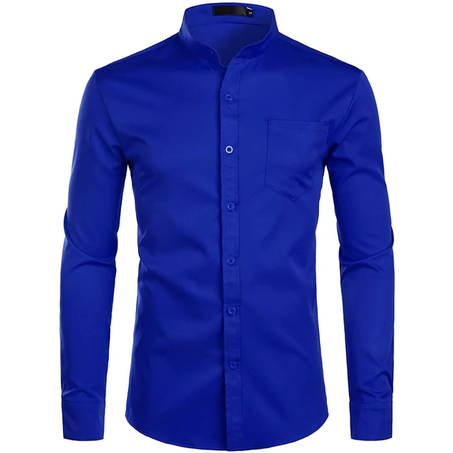 Camisas de vestir azules reales para hombre, camisa de manga larga con cuello informal, con botones y bolsillo, 2XL, 2022|Camisas informales| - AliExpress