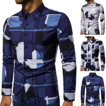 

New Style Men's Long Sleeve Shirt Stretch Shirt with Code Digital Printing Leisure and Self-cultivation 2019 Men Clothes Shirts