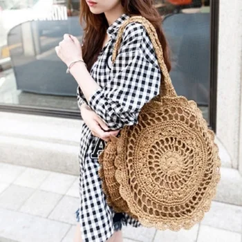 

Bohemian Straw Bags for Women Circle Beach Handbags Summer Rattan Shoulder Bags Handmade Knitted Travel Big Totes Bag 2019 New