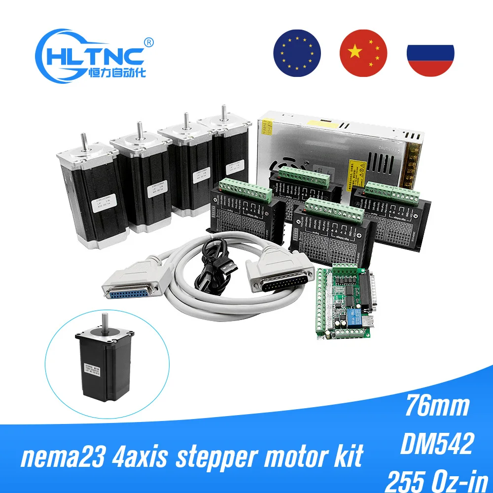 RU EU 4 Axis 4pcs Nema23 stepper motor with DM542 driver+ MACH3 DB25 interface board+ 1 power supply 350w  36v for cnc router