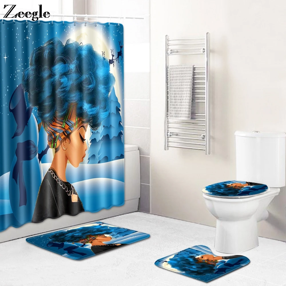 Zeegle Christmas Bathroom Curtain Bath Mat Set Toilet Cover Seat Mat Flannel Toilet Pedestal Rug Waterproof Shower Curtain Set