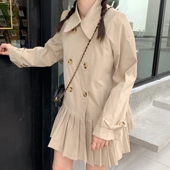 

2020 Spring Autumn New Wowen Trench casual sweet stitching pleated skirt double breasted outwear