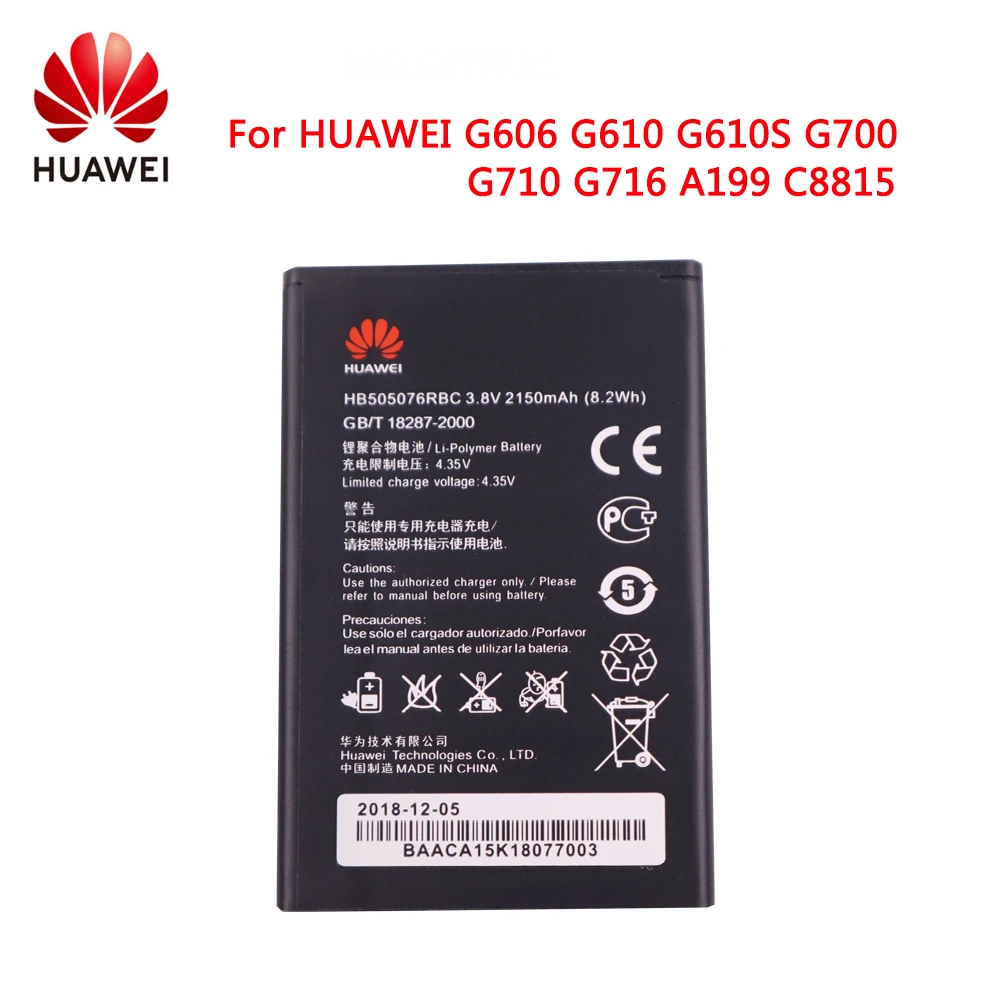 

HB505076RBC Original Battery For Huawei Ascend G527 A199 C8815 G606 G610 G610-U20 G700 G710 G716 G610S/C/T Y600 Y600-U20 Battery