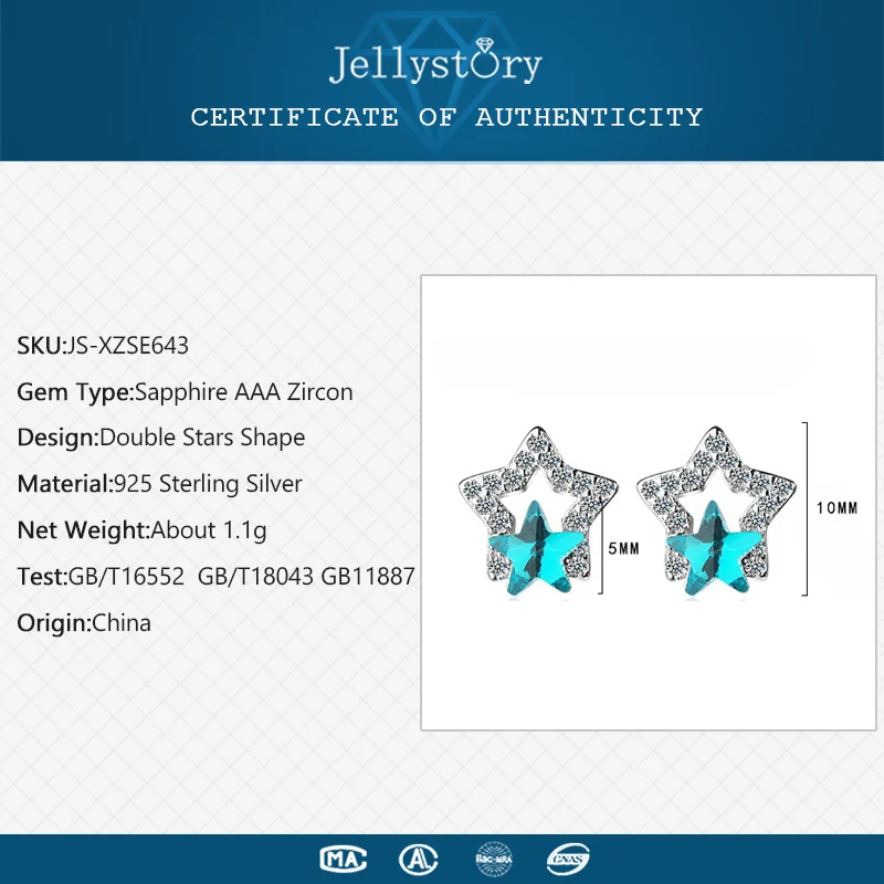 Jellystory модные серебряные 925 Ювелирные серьги с пятиконечными звездами Сапфир циркон драгоценные камни серьги гвоздики женские вечерние подарки