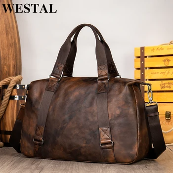 

WESTAL Travel Duffel Bag For Men Large Capacity Genuine Leather Men Travel Bags Carry On Luggage Bag Man Vintage Overnight 1149