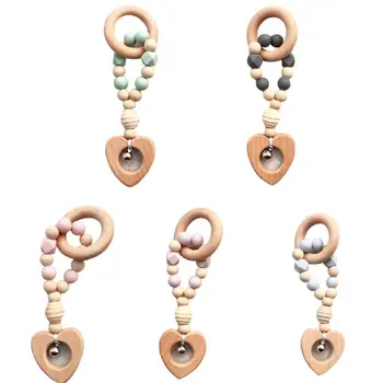 

Silicone Wooden Baby Teether With Bells Safe Maternal and Child Supplies Newborn Teeth Biting Bead Toys