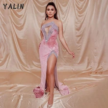 

YALIN Velvet Pink High Split Evening Dresses Sleeveless Sequins Sparkly Mermaid Party Dress Women Celebrity Gowns Robe De Soirée
