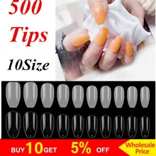 

10 Size 500pcs/Bag Manicure Tool Unisex Nail Art Tool Acrylic Natural/Clear Artificial False Nail Tips Fake Nails Decoration