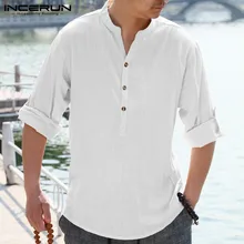 INCERUN/винтажная однотонная мужская рубашка с v-образным вырезом на пуговицах, повседневные свободные мужские брендовые рубашки в китайском стиле с длинными рукавами Camisa S-5XL