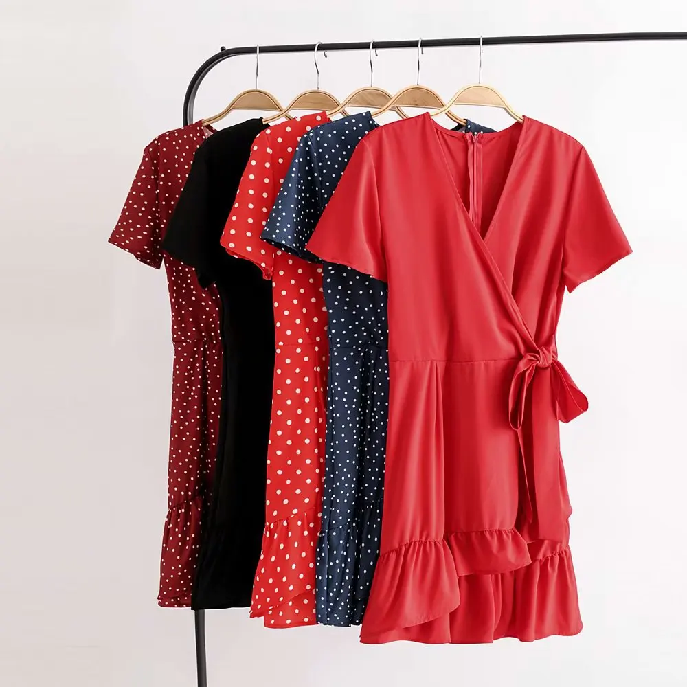 

Western Style 18 Years Summer New Products WOMEN'S Dress Polka Dot Printed V-neck Short Sleeve Lace-up Flounced Short Dress