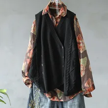 Женский свитер жилет без рукавов свободная кнопка вниз v-образный вырез сплошной цвет вязаный жилет FDC99