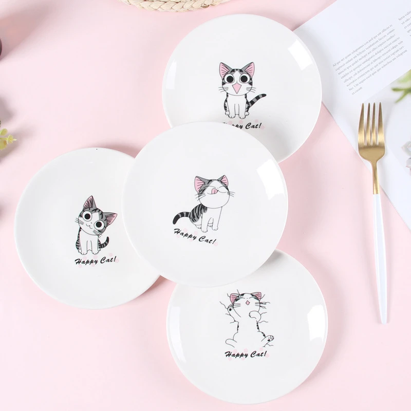 6inch 4pcs 4 шт. 6 дюймов милый кот мультфильм десерт керамический суп неглубокая тарелка торт фруктовое блюдо детская посуда фарфоровая посуда тарелка Китай - Цвет: 6inch 4pcs