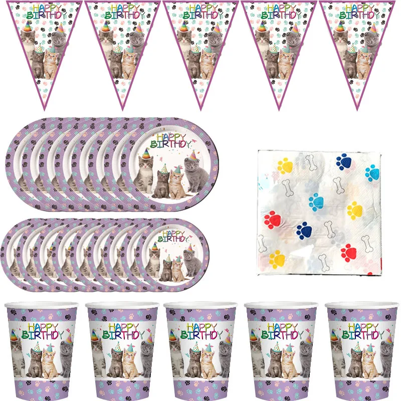 

Cute Cat Disposable Tableware Paper Plates Cups Napkins Flags Birthday Party Baby Shower Cats Theme Pet Party Decor Supplies