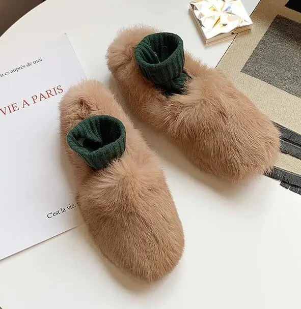 long furry rabbit hair lazy loafers comfortable soft soled casual flats winter luxury fur warm women moccasins slip on loafers - Цвет: Хаки