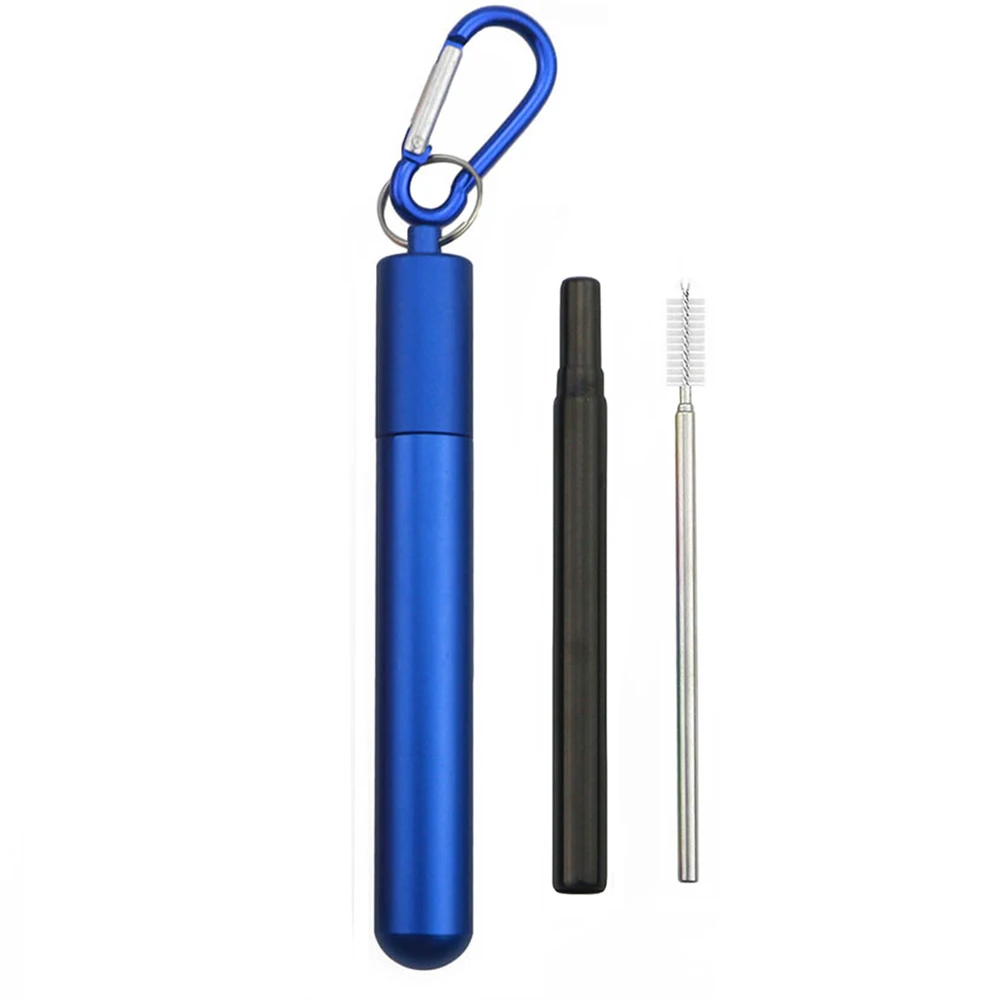 Телескопическая соломинка, портативная соломинка для питья, цветная металлическая соломинка, 304, складная соломинка из нержавеющей стали, чехол для путешествий - Цвет: Blue  Case Black