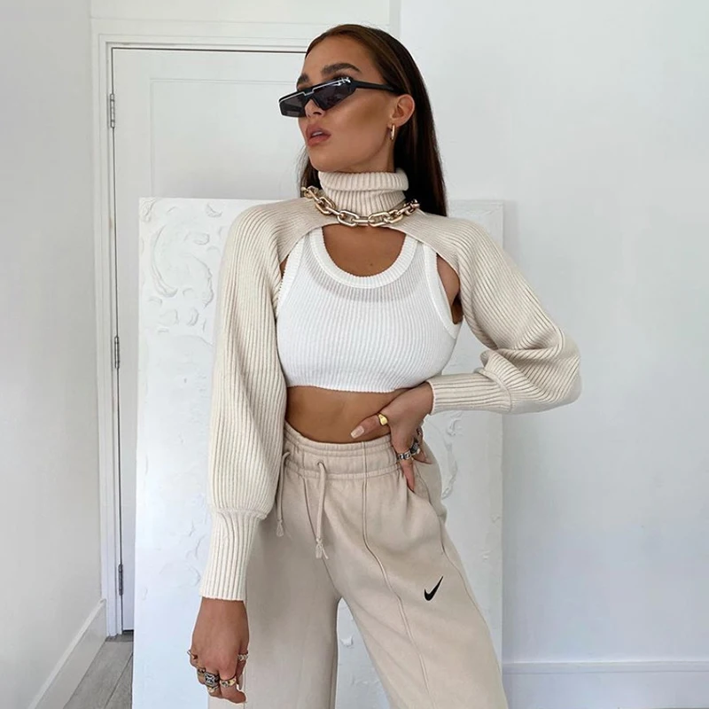 

Streetwear Turtleneck Cropped Women Sexy Slim Fit Long Sleeve Turtle Neck Crop Sweater Knitted V-neck Black Khaki Sweater Casual