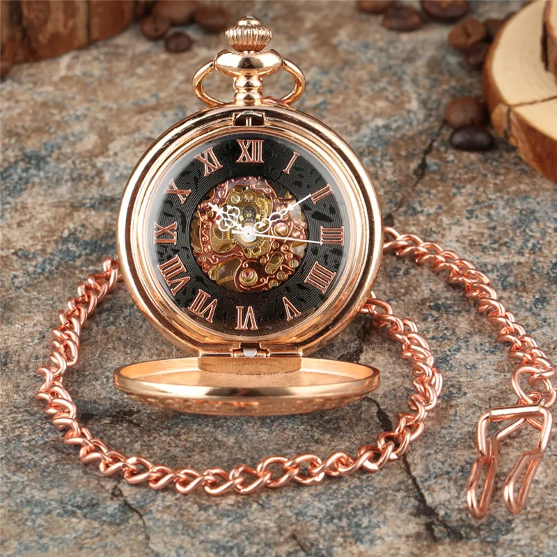 Vintage Hollow Roman Numbers Skeleton Mechanical Hand-Wind Pocket Watch with Pendant Chain Men Women Gift Rose Gold Clock Reloj