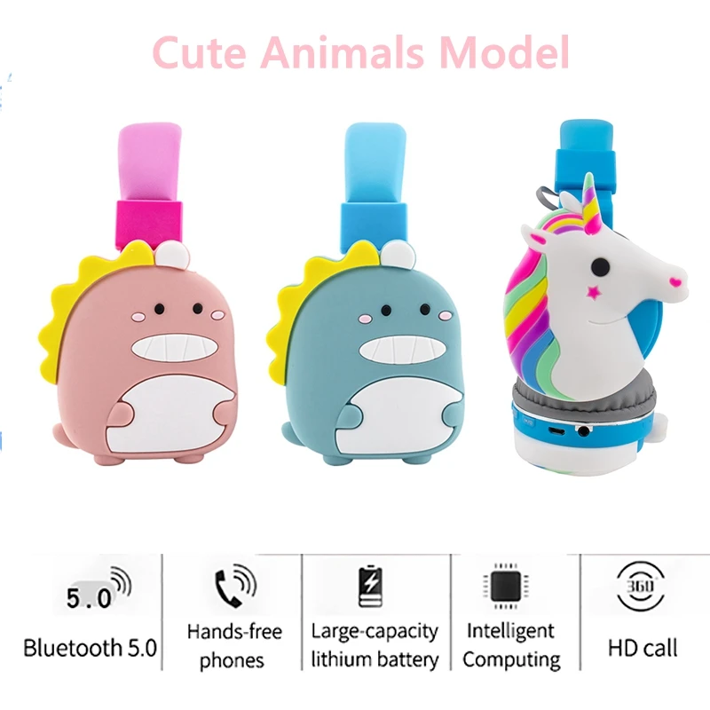Cute Animal Bluetooth Wireless Headphone with Microphone Foldable Unicorn Earphone with Bracelet Kid Girl Phone Music Helmet