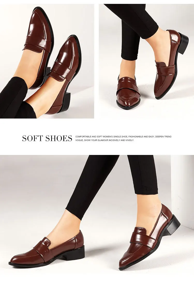 Chunky heels japanned leather shoes woman pointed toe large sizes 35-42 flats slip on casual comfy loafers solid brief moccasins