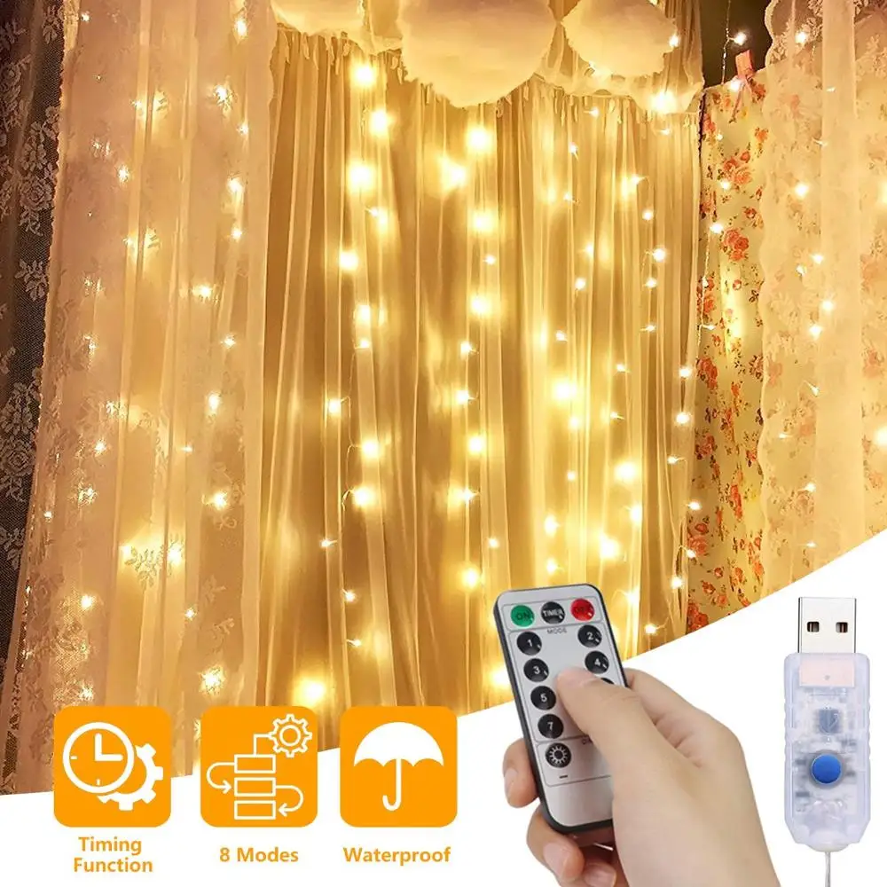 Светодиодный светильник для занавесок, usb-гирлянда 3M X 3M 300 светодиодный светильник с дистанционным управлением, Звездные сказочные огни для свадьбы, спальни, Рождества