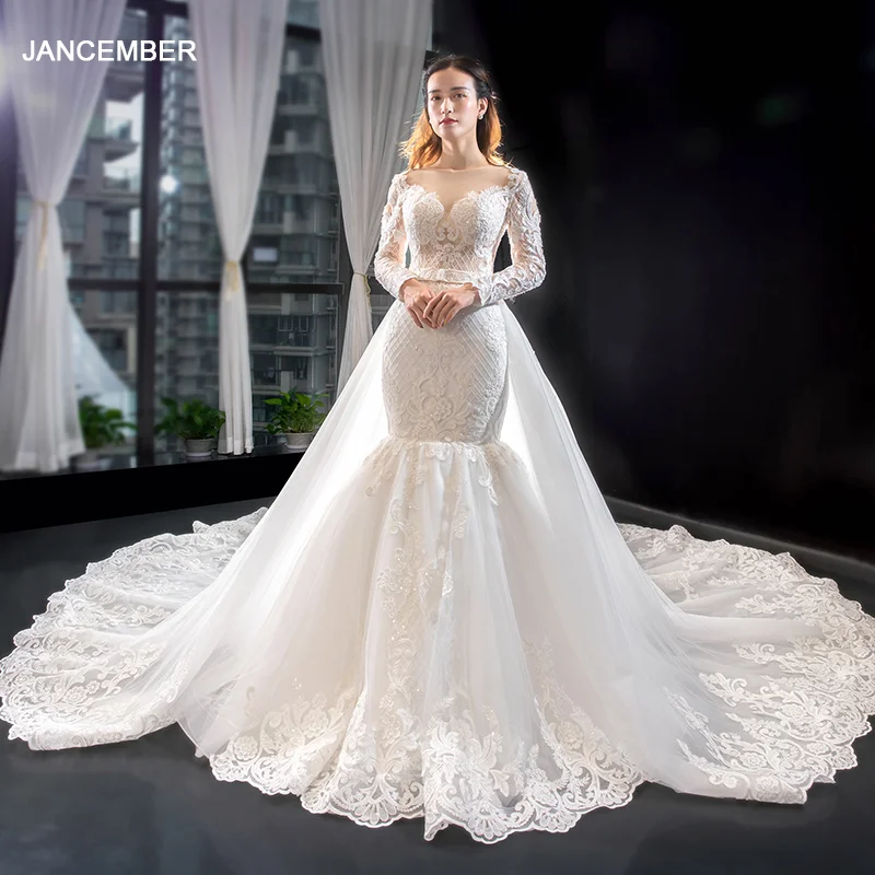 J66856 Elegant Detachable Train Meimaid Wedding Dress 2020 Appliques Crystal V-Neck With Long Sleeve 1