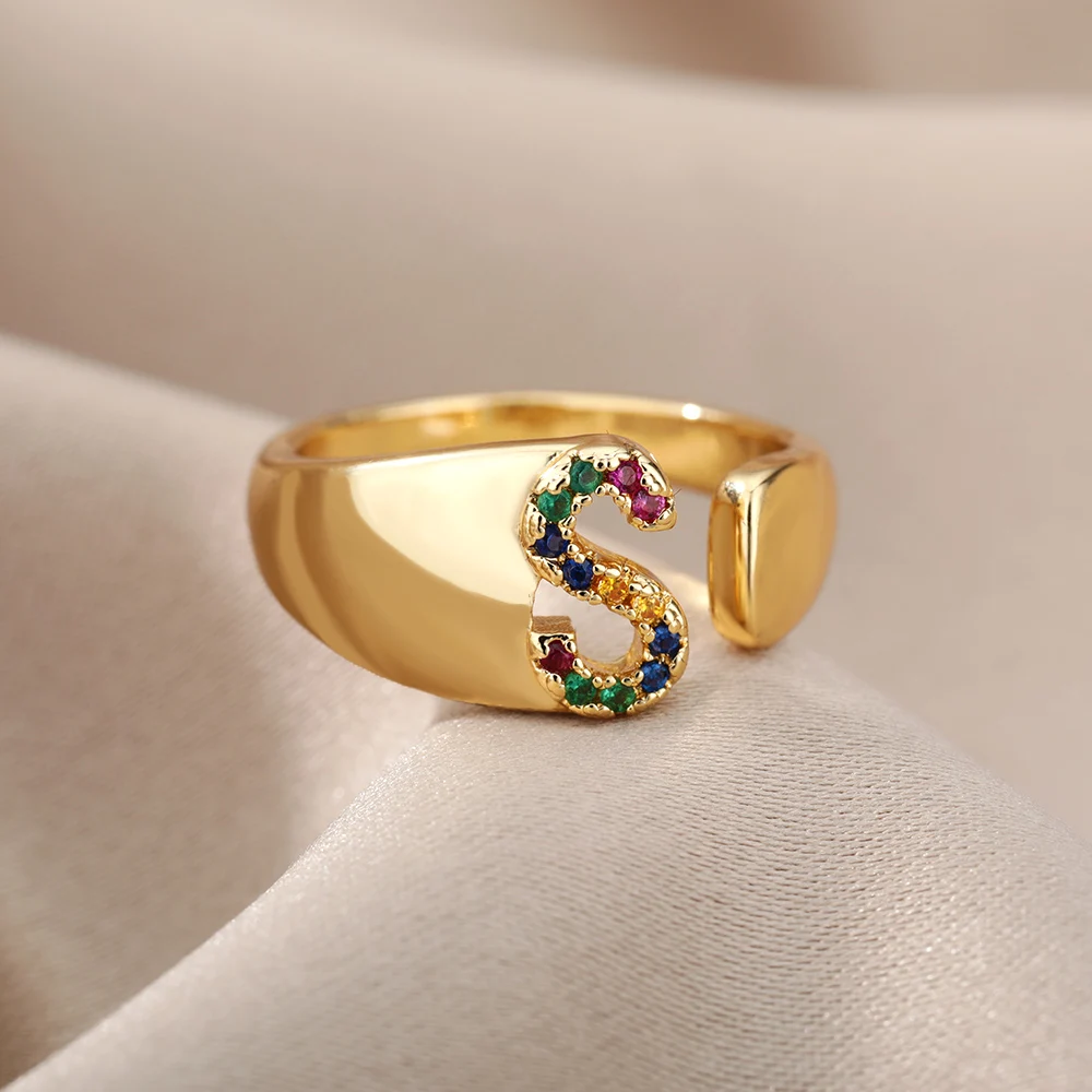 Adjustable Initial Letter Couple Rings Multicolor Zircon Gold