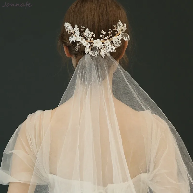 

Charming Porcelain Flower Wedding Crown Pearls Hair Jewelry Handmade Bridal Headpiece Women Party Prom Accessories