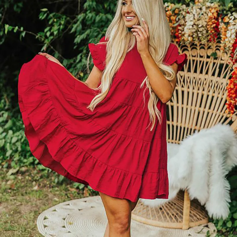 

Uguest Women Cake Dress Cascading Ruffles Short Flare Sleeve Round Neck A-line Button Solid Summer Casaul Sweet Plus Size Dress