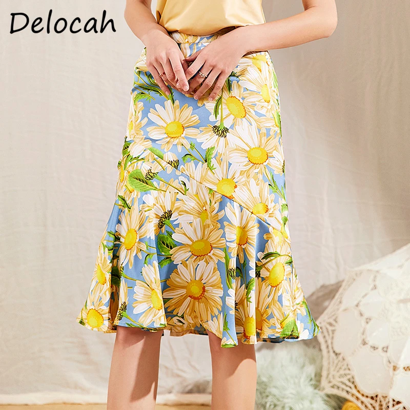 

Delocah Women Summer Fashion Designer Midi Skirt High Waist Ruffles Floral Print Bodycon Fit Ladies Party Mermaid Skirts 2020