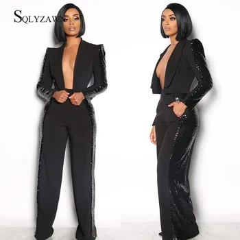 

Spring Two Piece Set Women Sequin Blazer Jacket and Wide Leg Pants Office Suit Black 2 Piece Set Femal Outfits 2020 Coat Clothes
