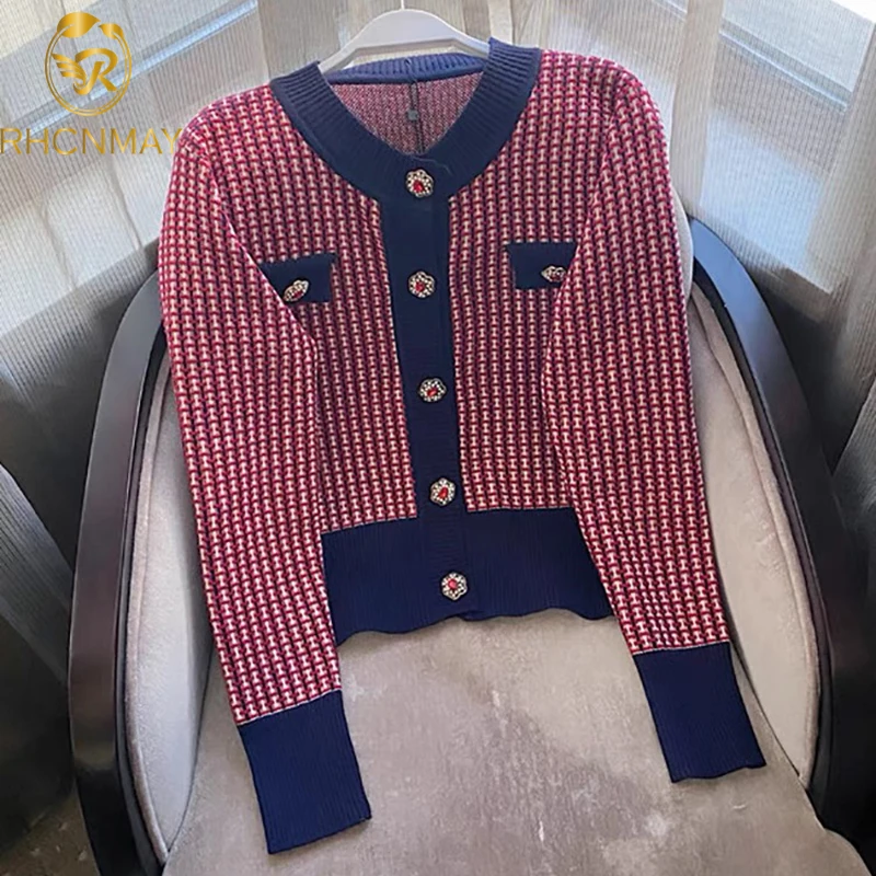 Red Plaid Cardigan Crop Top Fall 2021 Women Cropped Sweater Coat Full Round Neck Diamond Buckle Knit Elegant Tops |
