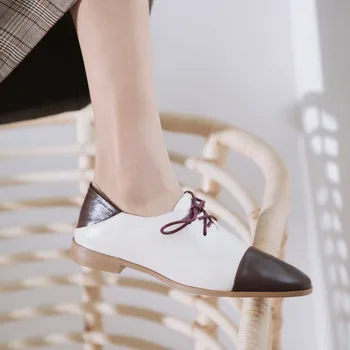 

kmeioo spring cowskin women oxfords shoes woman round toe flats shallow genuine leather shoe lace-up flat shoes